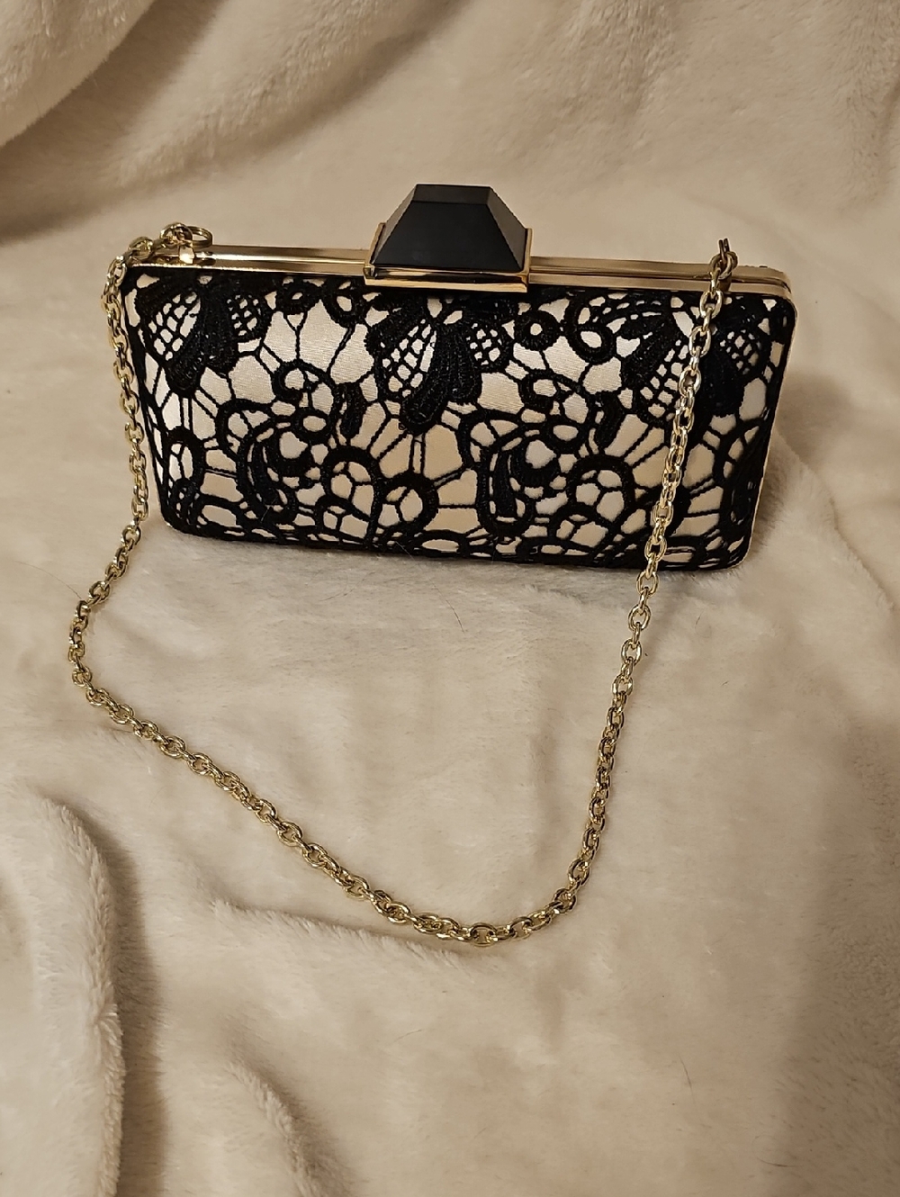 Banana Republic Elegant Black Lace Overlay Clutch with Gold Chain